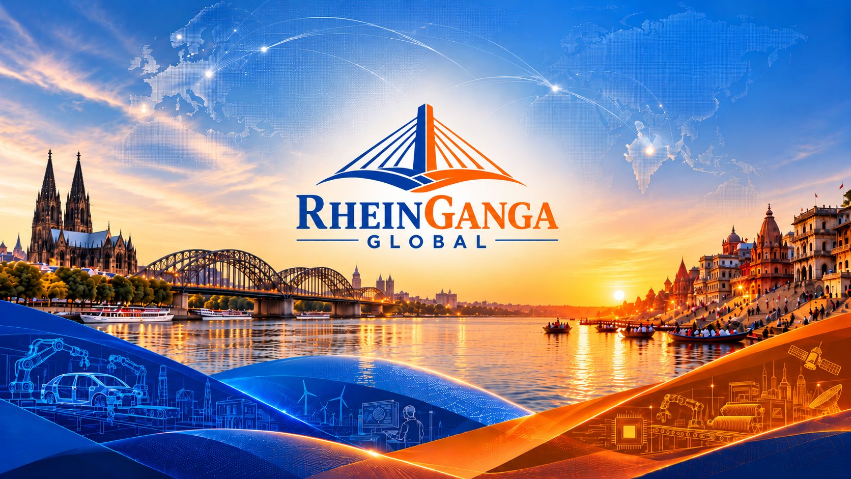 Key Visual von RheinGanga Global: der Rhein bei Köln und der Ganges bei Varanasi, verbunden durch das RheinGanga-Brückenlogo, mit Industrie- und Technologiemotiven aus Europa und Indien