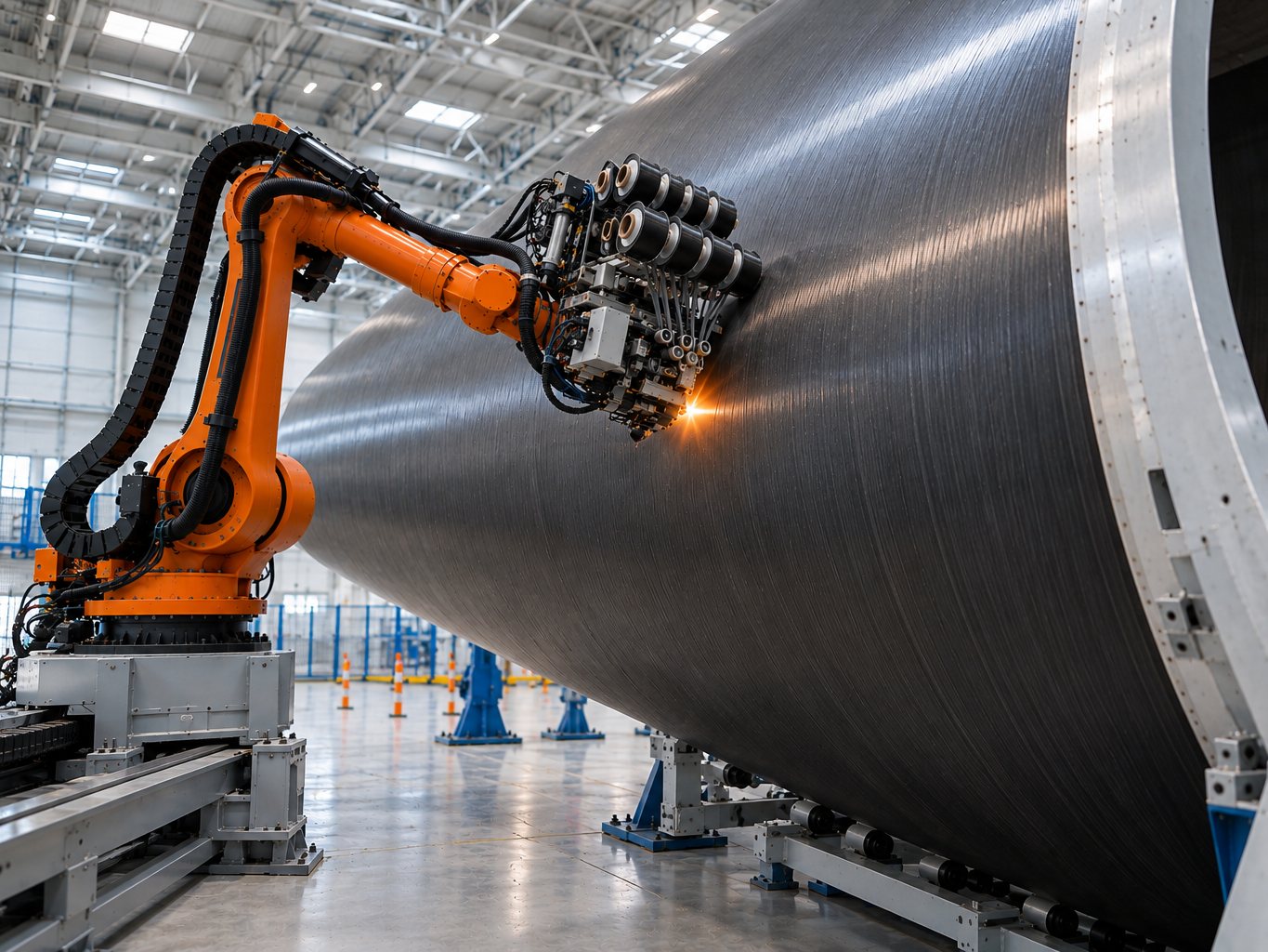 Ein orangefarbener Industrieroboter mit Faserablagekopf legt Kohlenstofffaser-Tape auf eine große Verbundschale in einer hellen Fertigungshalle